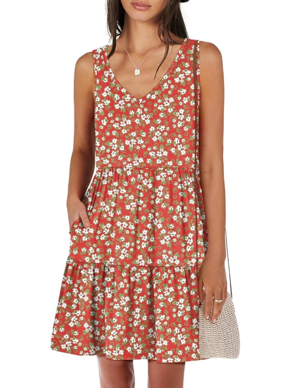 Women's Red Floral Summer Casual Tank Dress Sleeveless V Neck T Shirt Sundress